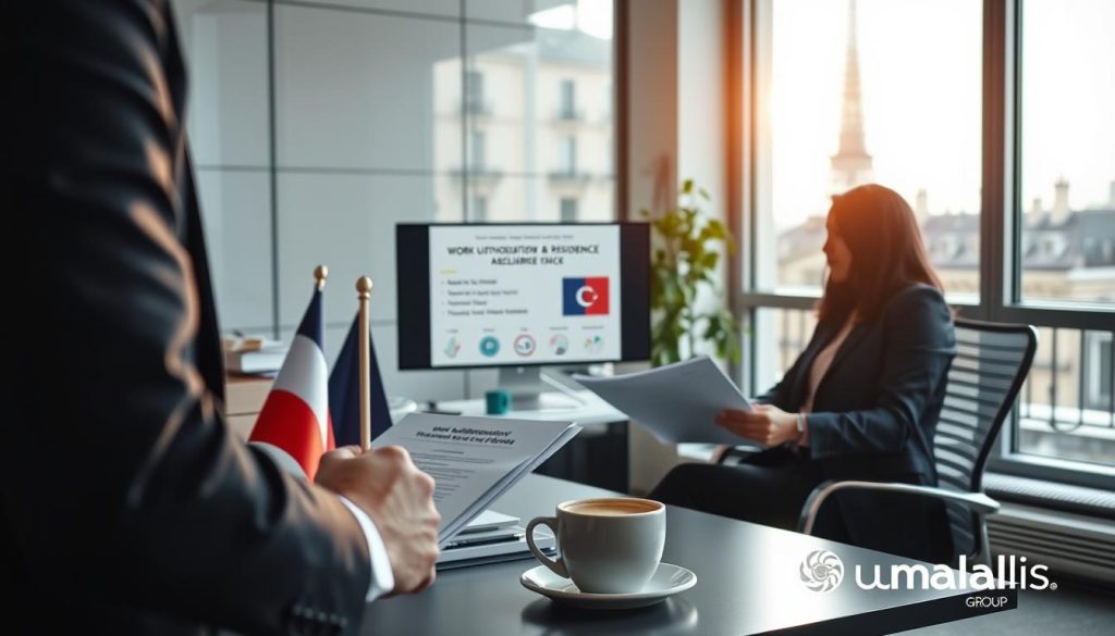 A professional meeting scene focused on work authorization and residence checks in France. In the foreground, a business professional, dressed in smart business attire, is reviewing documents with a French flag subtly positioned nearby, symbolizing the location. In the middle ground, a modern office setting with a sleek desk, a computer displaying information on eligibility criteria, and a coffee cup, suggesting a casual yet professional environment. In the background, a large window with a view of Parisian architecture, casting soft natural light into the room, creating an inviting atmosphere. The overall mood should be serious yet optimistic, reflecting the importance of the topics discussed. Include elements that suggest organization and clarity, like neatly arranged files and a digital calendar. Add the brand name "Umalis Group" discreetly into the scene as part of the office decor.
