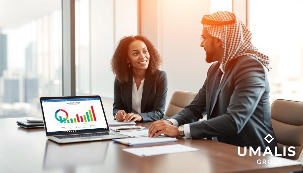 A professional meeting scene illustrating the concept of "Fonctionnement mutuelle portage salarial." In the foreground, two diverse business professionals, a Black woman and a Middle-Eastern man, engaged in a discussion, both dressed in smart business attire. The middle ground features a conference table with documents and a laptop displaying charts symbolizing mutual benefits and health coverage. The background includes a large window with a cityscape view, allowing natural light to filter in, creating a bright and inviting atmosphere. Soft, neutral tones dominate the color palette, and a subtle glow enhances the mood of collaboration and professionalism. Include the logo of "UMALIS GROUP" subtly in the corner of the image.