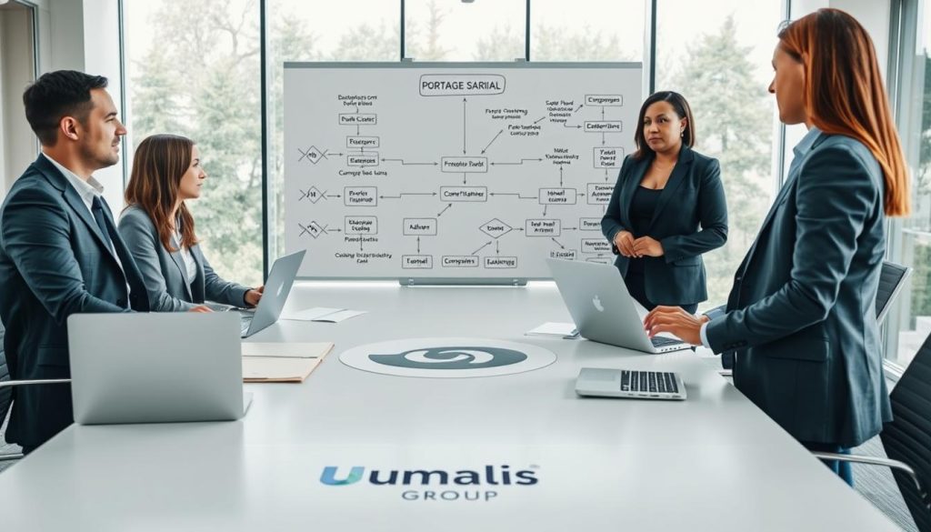 A professional meeting scene representing the tripartite mechanism of portage salarial. In the foreground, a diverse group of three business professionals—two men and one woman—are engaged in a discussion. They are dressed in smart business attire, with laptops and documents spread across a conference table bearing the Umalis Group logo. In the middle ground, a large whiteboard is filled with flowcharts and diagrams illustrating the collaborative process between freelancers, companies, and the portage salarial system. The background features a modern office space with large windows allowing natural light to flood in, creating a bright and inviting atmosphere. Capture this scene from a slightly elevated angle, emphasizing teamwork and professionalism, while instilling a sense of clarity and understanding about the workings of portage salarial.