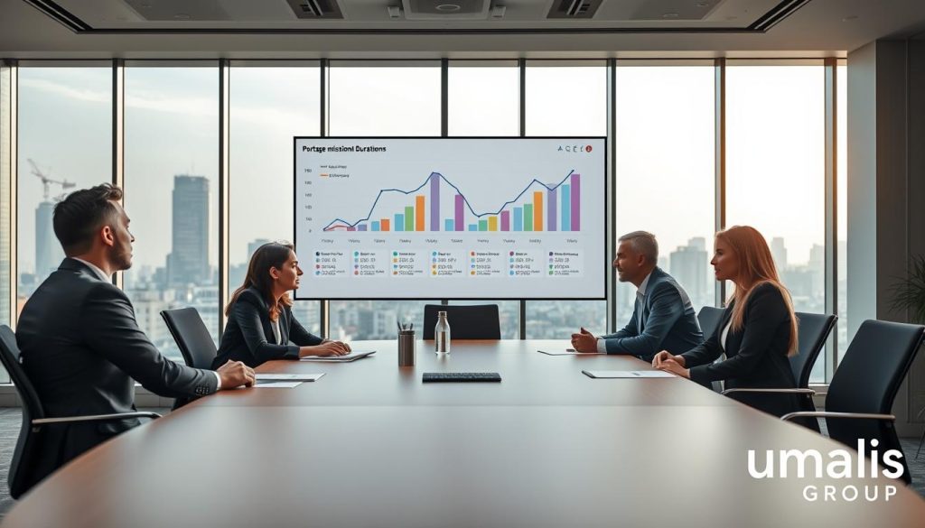 A professional meeting scene set in a modern office environment to illustrate "Portage salarial mission duration and termination." In the foreground, a diverse group of three international consultants, one male and two female, wearing business attire, are engaged in a discussion around a large conference table. The middle-ground features a large wall-mounted screen displaying graphs and timelines related to project durations and termination processes. The background shows large windows with a city skyline view and soft natural lighting flooding the room, enhancing the focus on the consultants. The atmosphere is one of collaboration and informed decision-making, with a subtle color palette to convey professionalism. Subtly feature the Umalis Group logo in the corner of the screen, ensuring it blends seamlessly with the overall composition.