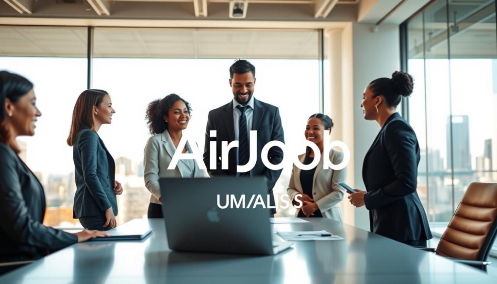 A professional meeting scene showcasing a collaboration between AirJob and various market actors, specifically emphasizing the partnership with UMALIS GROUP. In the foreground, diverse professionals in business attire are engaged in discussion, with a visible laptop and documents on a sleek conference table. The middle ground features a modern office setting with large windows allowing natural light to fill the space, reflecting a bright and energetic atmosphere. In the background, a city skyline is visible, symbolizing the dynamic freelance and independent work market. The lighting is warm and inviting, with a focus on the interactions among the participants that suggest collaboration and innovation. The overall mood is optimistic and professional, highlighting the synergy of the partnership. A professional meeting scene showcasing a collaboration between AirJob and various market actors, specifically emphasizing the partnership with UMALIS GROUP. In the foreground, diverse professionals in business attire are engaged in discussion, with a visible laptop and documents on a sleek conference table. The middle ground features a modern office setting with large windows allowing natural light to fill the space, reflecting a bright and energetic atmosphere. In the background, a city skyline is visible, symbolizing the dynamic freelance and independent work market. The lighting is warm and inviting, with a focus on the interactions among the participants that suggest collaboration and innovation. The overall mood is optimistic and professional, highlighting the synergy of the partnership.
