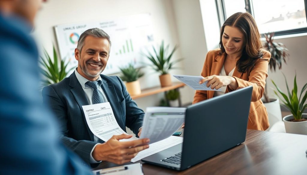 A professional meeting scene with two businesspeople negotiating a contract over a table. The foreground features a smiling man in a tailored suit, reviewing documents showing expenses, while a woman in a smart blazer points at a spreadsheet on her laptop, showcasing mission costs. A notepad with the logo "UMALIS GROUP" is visible nearby. In the middle ground, blurred office surroundings display charts and graphs on a whiteboard, alongside potted plants, enhancing a modern office atmosphere. The background shows a large window with natural daylight illuminating the space, creating a positive and collaborative mood. The angle is slightly above eye level, focusing on the engagement between the two individuals while maintaining a professional ambiance.