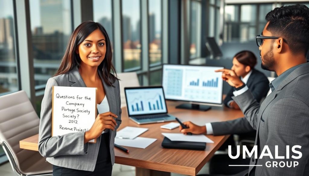 A professional meeting setting focused on business discussions, featuring a diverse group of three people in smart business attire engaged in conversation around a modern conference table. In the foreground, a well-dressed woman holds a notepad with "Questions for the Company and Portage Society" written on it, displaying thoughtfulness and curiosity. The middle ground includes a man pointing at a laptop screen showcasing charts and data related to revenue projections. In the background, large windows let in natural light, creating an open and inviting atmosphere, with the reflection of the city skyline. The overall mood is collaborative and goal-oriented, emphasizing the importance of asking the right questions in a business environment. Include the logo of "UMALIS GROUP" subtly in the corner for branding.