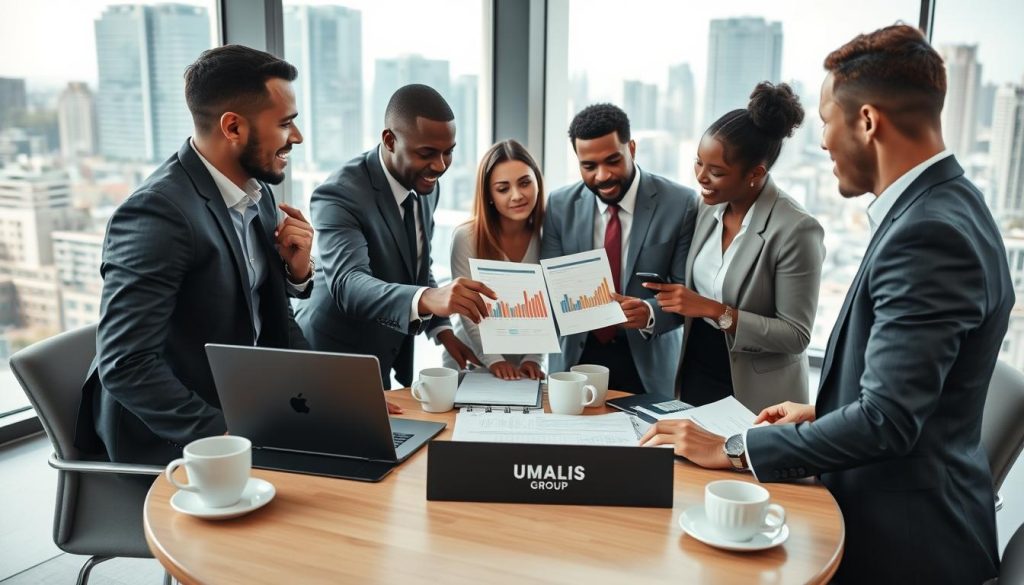 A professional meeting space filled with diverse employees discussing "Convention collective et rémunération minimale." In the foreground, a group of three multi-ethnic professionals in business attire is engaged in a collaborative discussion, pointing at documents and a digital tablet featuring charts related to wages. In the middle ground, a round table with laptops, paperwork, and coffee mugs is set, emphasizing a productive atmosphere. The background shows a sleek office environment with large windows showcasing a city skyline, letting in soft natural light. The overall mood is focused yet optimistic, reflecting the importance of collective representation. Include the brand logo "UMALIS GROUP" subtly displayed on a conference folder on the table. Use a wide-angle lens perspective to capture the dynamic environment effectively.
