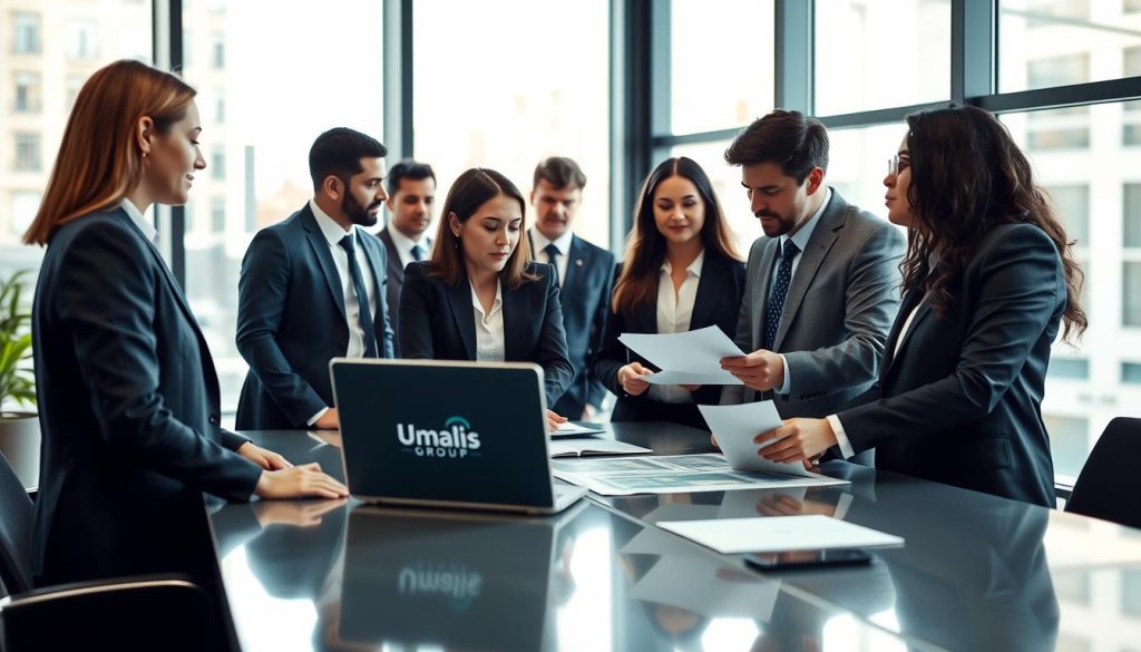 A professional meeting space showcasing a diverse group of people in business attire, gathered around a modern conference table discussing "choosing a trustworthy portage salarial company." In the foreground, focus on two professionals—a woman and a man—examining documents and a laptop displaying the logo of "Umalis Group." In the middle ground, capture a backdrop of large windows providing natural light, illuminating a stylish and contemporary office environment. The mood is collaborative and focused, emphasizing trust and professionalism. Use a soft, warm lighting setup to create an inviting atmosphere, and angle the shot to highlight both the discussion and the sophisticated interior design.
