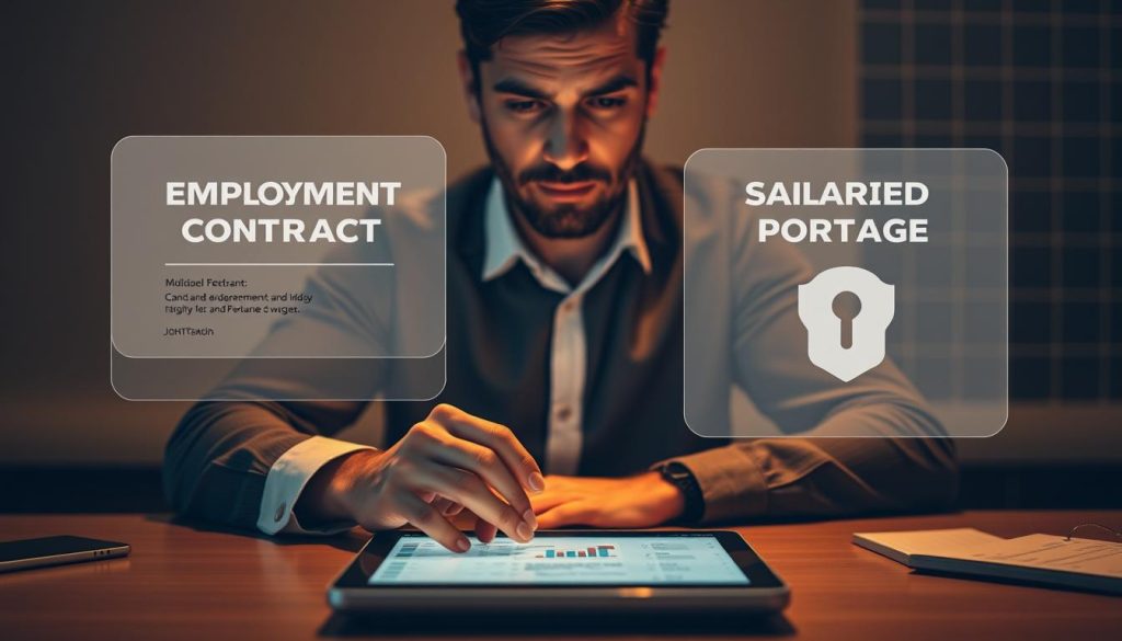 A professional, mid-career freelancer sits at a desk, deep in thought, contrasting a traditional employment contract and the LIGHT PORTAGE salaried portage model. The scene is bathed in warm, soft lighting, creating a contemplative atmosphere. In the foreground, the freelancer's hands rest on a tablet displaying relevant financial and legal data. The middle ground shows two transparent overlays - one representing a standard employment contract, the other the LIGHT PORTAGE salaried portage solution. The background features a subtle grid pattern, symbolizing the structured, secure nature of the salaried portage option. The overall composition conveys the freelancer's careful consideration of the tradeoffs between freelance independence and the added stability and benefits of salaried portage.