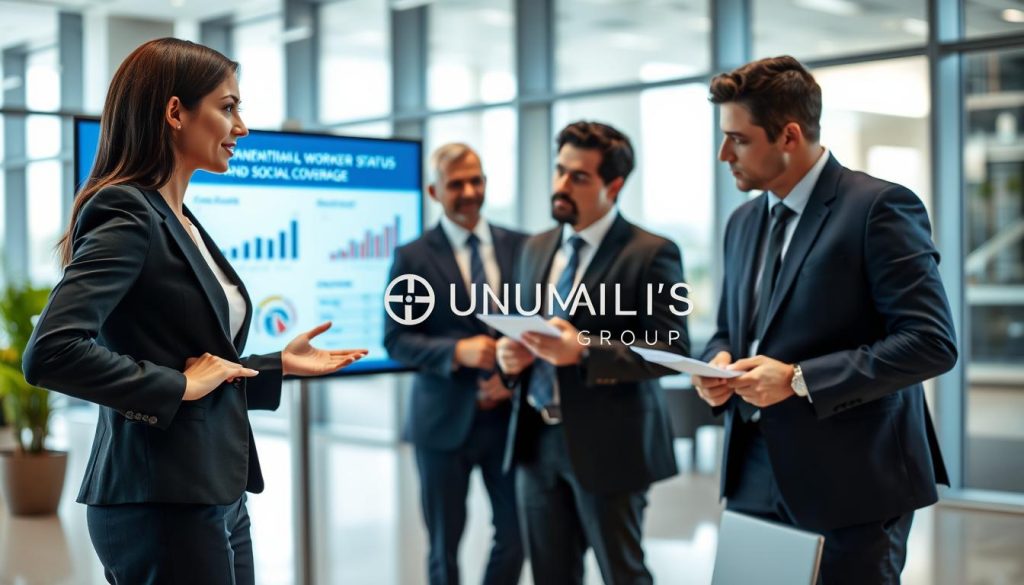A professional mid-distance shot of a diverse group of business professionals in an office environment, discussing topics related to international worker status and social coverage. In the foreground, a confident woman in formal business attire gestures towards a display screen showing graphs and charts related to expatriate status. In the middle ground, two men in matching suits are engaged in conversation, one taking notes. The background features a modern office with large windows, allowing natural light to flood the room, creating a bright and welcoming atmosphere. Soft focus on the background elements, emphasizing teamwork and collaboration. The logo "UMALIS GROUP" subtly placed on one of the presentation slides.