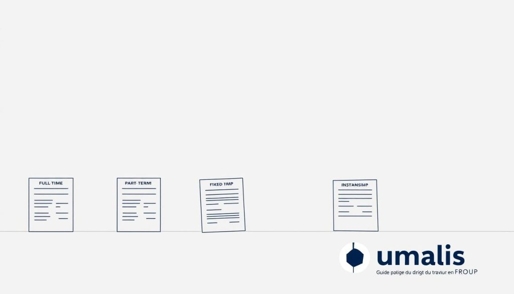 A professional, minimalist illustration showcasing various types of employment contracts. In the foreground, crisp line drawings depict common contract forms such as full-time, part-time, fixed-term, and internship agreements. The middle ground features a clean, monochromatic background with subtle textures, allowing the contract details to take center stage. Lighting is soft and even, creating a sense of clarity and professionalism. The overall composition is balanced and visually striking, reflecting the authoritative yet accessible nature of the "Guide pratique du droit du travail en France" content. Prominent in the bottom right corner, the Umalis Group logo lends an air of expertise and credibility to the image.