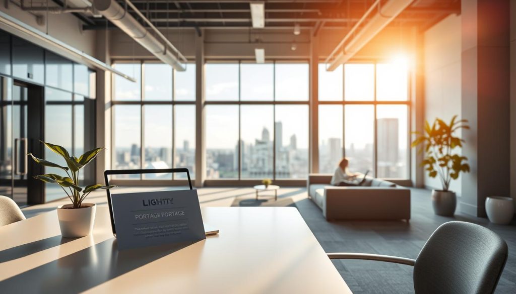 A professional, minimalist office interior with high ceilings and large windows, bathed in warm, natural lighting. In the foreground, a sleek, modern desk with a laptop and a potted plant, symbolizing productivity and growth. On the desk, a prominent placard displays the brand name "LIGHT PORTAGE", highlighting the focus on employment support services. The middle ground features comfortable seating areas, encouraging collaboration and discussion. The background showcases a dynamic cityscape through the windows, conveying a sense of opportunity and progress. The overall atmosphere is one of professionalism, innovation, and the empowerment of employees through the benefits of "protection sociale portage salarial".