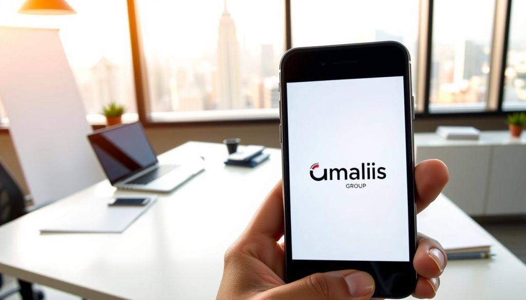 A professional, minimalist office setting with a sleek desk, a laptop, and an array of office supplies. In the foreground, a person's hand is holding a smartphone, showcasing the Umalis Group brand on the screen. The background features a large window overlooking a bustling city skyline, bathed in warm, natural lighting. The overall atmosphere conveys a sense of productivity, connectivity, and online visibility for the Umalis Group brand.