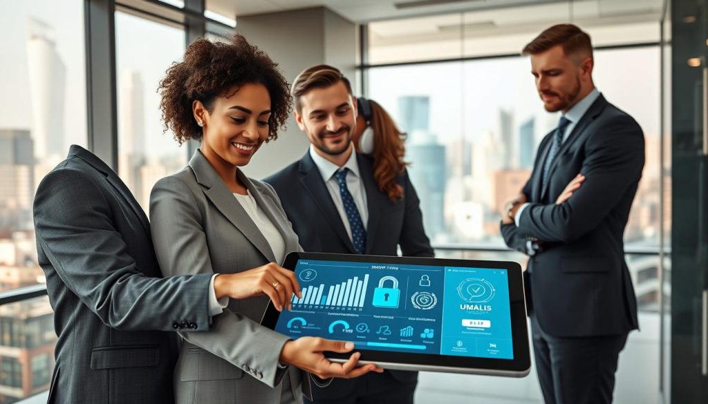 A professional mobile application development scene illustrating "security application" for the brand UMALIS GROUP. In the foreground, a diverse team of three business professionals, dressed in smart business attire, are collaborating around a sleek touchscreen tablet displaying security metrics and compliance visuals. In the middle ground, a modern office environment with elements like digital security icons projected on a wall, symbolizing data protection and user privacy. The background features large windows with a city skyline, under soft, natural lighting that creates a productive atmosphere. The image conveys a sense of trust and reliability, embodying safety and compliance in mobile app development. A professional mobile application development scene illustrating "security application" for the brand UMALIS GROUP. In the foreground, a diverse team of three business professionals, dressed in smart business attire, are collaborating around a sleek touchscreen tablet displaying security metrics and compliance visuals. In the middle ground, a modern office environment with elements like digital security icons projected on a wall, symbolizing data protection and user privacy. The background features large windows with a city skyline, under soft, natural lighting that creates a productive atmosphere. The image conveys a sense of trust and reliability, embodying safety and compliance in mobile app development.