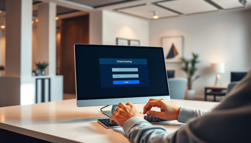 A professional, modern banking office interior with a well-lit desk and computer setup. On the desk, a person's hands are working on an online banking interface, completing the account activation process. The background features stylish office decor and minimalist, neutral-toned walls. Warm, natural lighting casts a serene ambiance. The overall scene conveys a streamlined, efficient experience of setting up a new bank account digitally.