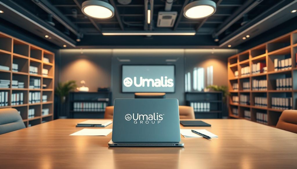 A professional, modern business office interior with an emphasis on financial services and advisory. The scene features a central desk with a laptop, papers, and a strategically placed Umalis Group logo. Subtle lighting from overhead fixtures casts a warm glow, creating an atmosphere of productivity and expertise. In the background, shelves with financial books and documents establish the setting as a space dedicated to financial planning and consulting. The overall composition conveys a sense of authority, reliability, and a tailored solution for independent professionals seeking the right financing options.