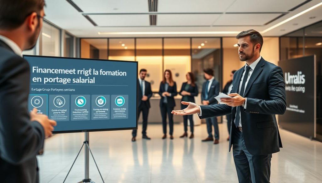 A professional, modern business presentation showcasing "Financement et droit à la formation en portage salarial". In the foreground, a well-dressed person is gesturing towards a sleek, minimalist slide deck with infographics and charts highlighting training funding options and employee benefits under the Umalis Group portage salarial model. The middle ground features a group of attentive individuals, dressed in business attire, taking notes. In the background, a contemporary office setting with large windows, warm lighting, and subtle branding elements creates a polished, inspiring atmosphere. The image conveys a sense of professionalism, expertise, and an emphasis on employee development within the Umalis Group portage salarial ecosystem. A professional, modern business presentation showcasing "Financement et droit à la formation en portage salarial". In the foreground, a well-dressed person is gesturing towards a sleek, minimalist slide deck with infographics and charts highlighting training funding options and employee benefits under the Umalis Group portage salarial model. The middle ground features a group of attentive individuals, dressed in business attire, taking notes. In the background, a contemporary office setting with large windows, warm lighting, and subtle branding elements creates a polished, inspiring atmosphere. The image conveys a sense of professionalism, expertise, and an emphasis on employee development within the Umalis Group portage salarial ecosystem.
