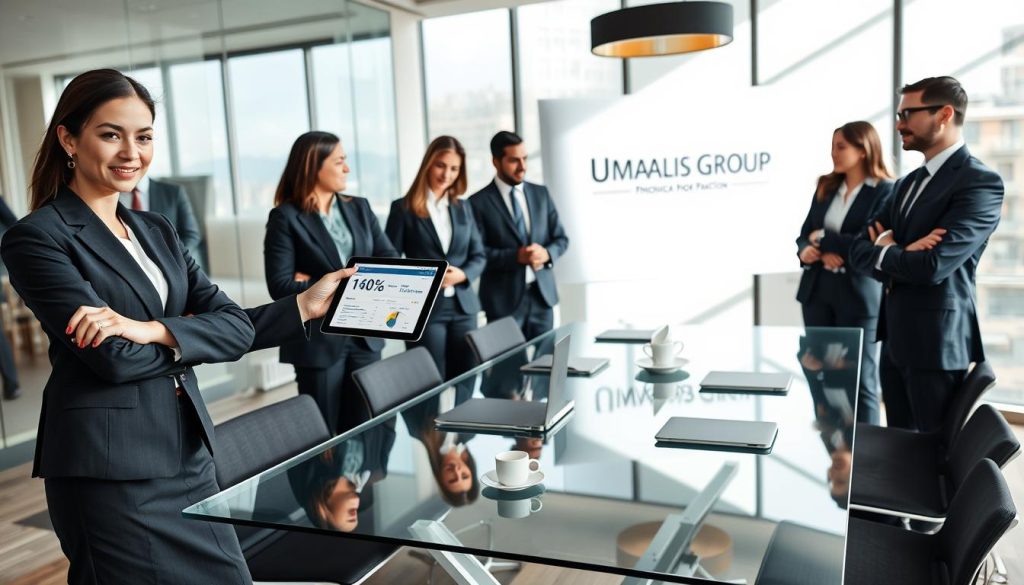 A professional, modern consulting office setting, showcasing a diverse group of well-dressed consultants engaged in a discussion about social protection related to portage salarial. In the foreground, a confident woman in a tailored suit points to a digital tablet displaying statistics on risk coverage. In the middle, a group of professionals, both men and women, interact around a sleek glass conference table with laptops and coffee cups. The background features large windows with natural light streaming in, casting soft shadows. The atmosphere is collaborative, with an air of optimism and professionalism. The branding of "UMALIS GROUP" is subtly incorporated into the design of the conference room. The image captures the essence of social protection, risk management, and professional independence in a sophisticated environment.