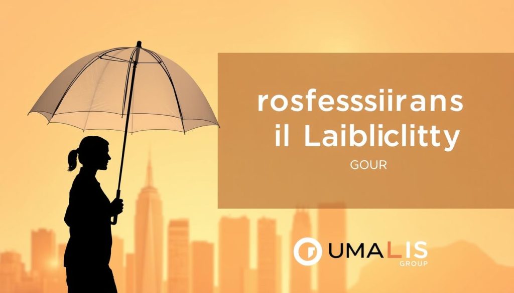 A professional, modern illustration of "professional civil liability" insurance coverage. In the foreground, a silhouetted figure representing an independent professional, shielded by a large, transparent umbrella-like shape. The umbrella casts a shadow, representing the protective coverage. In the middle ground, a city skyline with skyscrapers, conveying a business environment. The background features a warm, softly blurred gradient, establishing a sense of calm and reassurance. The UMALIS GROUP logo is subtly integrated into the composition, highlighting the brand's role in providing this essential coverage. Lighting is soft and diffused, creating a serene, trustworthy atmosphere.