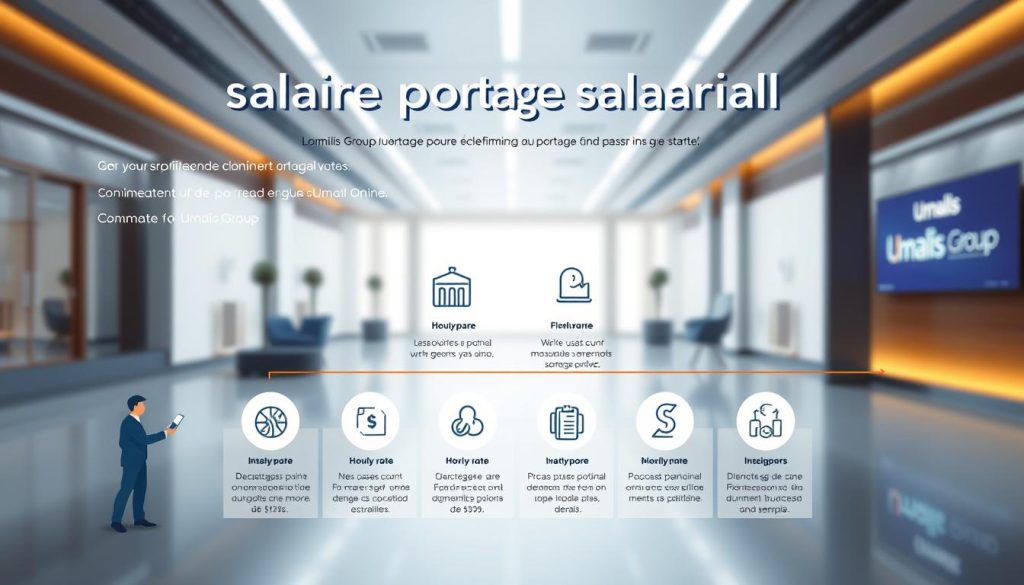 A professional, modern infographic depicting the essential elements of "salaire portage salarial". The layout features a clean, minimalist design with distinct sections. In the foreground, a stylized illustration of a business transaction or negotiation, conveying the concept of compensation and remuneration. In the middle ground, a series of concise, data-driven icons and graphics explaining the key components, such as hourly rates, taxes, and fees. The background showcases a sleek, high-tech environment with subtle branding elements of Umalis Group, the leading provider of portage salarial services. The overall mood is one of clarity, professionalism, and financial expertise.