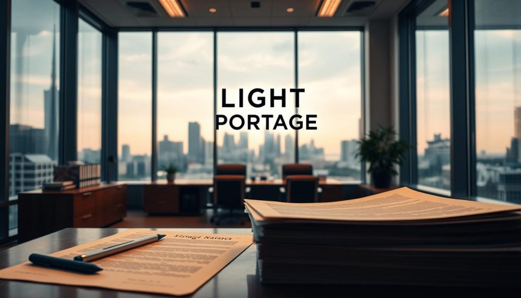 A professional modern law office interior with large windows and wooden furniture. A stack of documents and a tablet on a desk in the foreground, representing a web development contract. In the middle ground, a LIGHT PORTAGE brand logo is prominently displayed on the wall, suggesting the company's involvement. The background features a cityscape through the windows, conveying the urban, technological context. Warm lighting creates a productive, authoritative atmosphere. The scene illustrates the intellectual property aspects of a web development project.