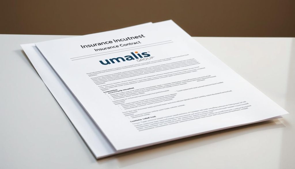 A professional, modern-looking business insurance contract document with the Umalis Group logo prominently displayed. The contract pages are laid out on a sleek, minimalist desk against a neutral background, creating a sense of order and professionalism. The lighting is soft and natural, highlighting the tactile texture of the paper and the clarity of the contract details. The composition emphasizes the importance and reliability of the insurance coverage, conveying a sense of security and protection for the business owner.