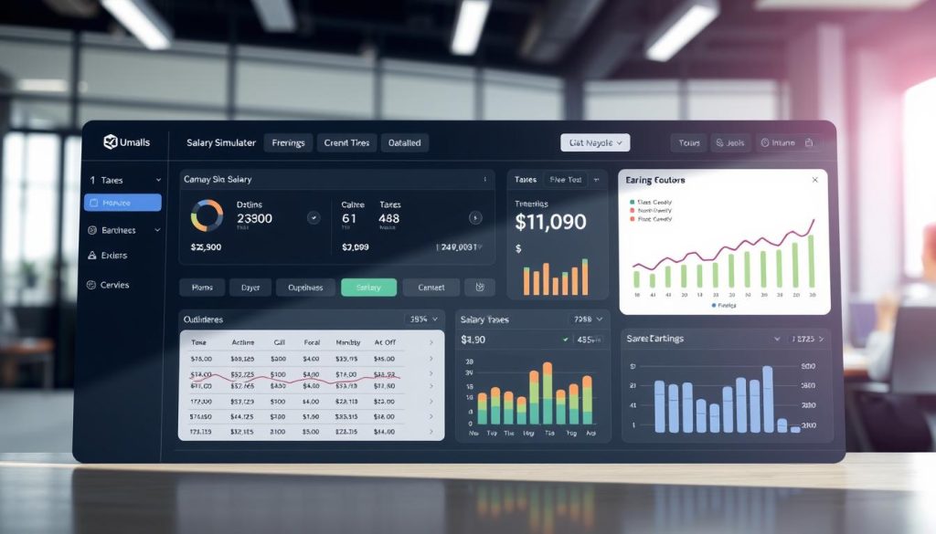 A professional, modern-looking dashboard displaying detailed salary simulation for a Umalis Group salaried portage service. The interface features clean typography, intuitive controls, and dynamic data visualizations that provide a clear overview of earnings, taxes, and other key financial metrics. The layout is balanced, the color scheme is muted yet elegant, and the overall aesthetic conveys a sense of trust, transparency, and empowerment for the user. The scene is brightly lit from the top-left, casting soft shadows and highlights that accentuate the depth and dimensionality of the digital interface. The background is a blurred, out-of-focus office environment, hinting at the professional context in which this tool would be used.