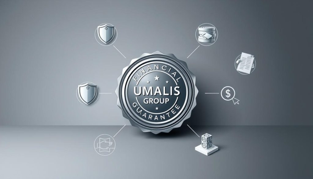 A professional, modern-looking illustration of a financial guarantee for a salarial employment contract. In the center, a well-crafted seal or emblem representing the UMALIS GROUP, a financial services provider. Around it, detailed icons and infographic elements symbolizing the key aspects of the financial guarantee, such as a shield, coin pile, handshake, and legal documents. The background has a subtle gradient with elegant textures, conveying a sense of security and reliability. The overall composition is balanced and minimalist, with clean typography and a color palette of grays, blues, and metallic accents.