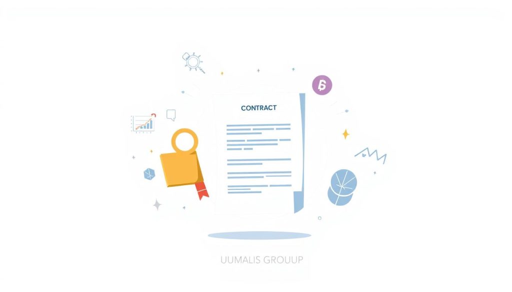 A professional, modern-looking illustration of "contrat portage salarial sécurité" with a focus on the concept of "portage salarial et requalification en CDI". Set against a clean, minimalist background, the image should feature a central visual element showcasing a contract or legal document, conveying the sense of security and stability associated with this employment model. The composition should be well-balanced, with supporting elements like icons, graphs, or subtle patterns that reinforce the themes of independent work, financial security, and career progression. The overall mood should be professional, aspirational, and visually appealing. UMALIS GROUP branding should be discreetly integrated into the design.