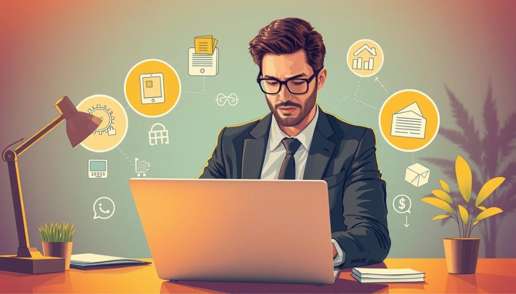 A professional, modern-looking illustration showcasing "deducting professional expenses" in the context of the "Umalis Group" salarial portage services. The image features a well-dressed businessperson working on a laptop, surrounded by graphical elements representing various deductible expenses such as office supplies, electronics, transportation, and other work-related costs. The scene is bathed in warm, directional lighting, creating a sense of productivity and financial savvy. The composition is balanced, with the subject positioned prominently in the foreground, while the background subtly conveys the concept of tax optimization and financial management.