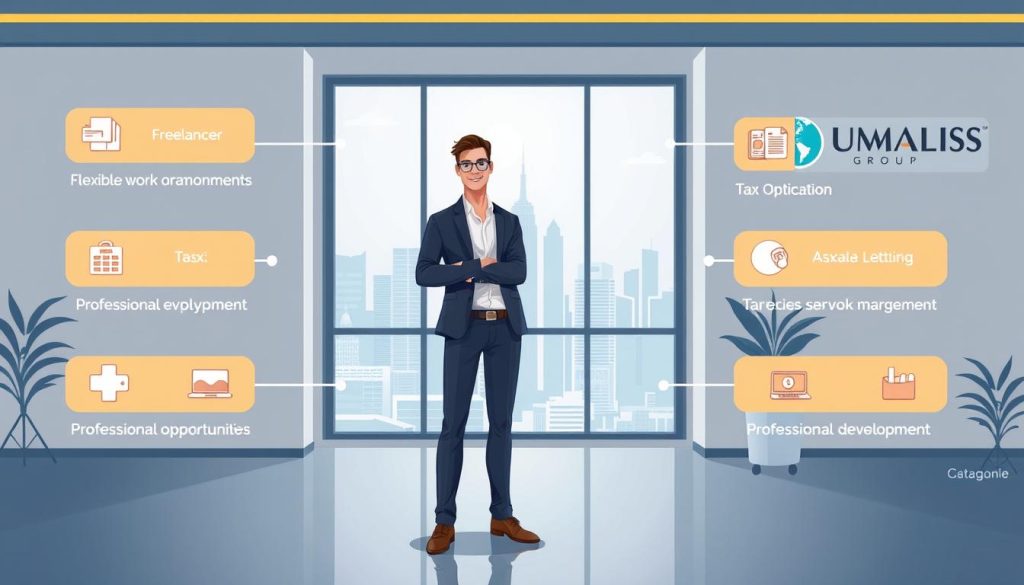 A professional, modern-looking illustration showcasing the key advantages of using a UMALIS GROUP employment services platform. In the foreground, a confident-looking freelancer standing in a well-lit, minimalist office setting, surrounded by icons representing benefits like flexible work arrangements, tax optimization, and professional development opportunities. In the middle ground, a city skyline visible through large windows, symbolizing the freedom and mobility of the portage salarial model. The background features a subtle UMALIS GROUP logo and branding elements, lending an authoritative, trustworthy feel to the scene. The overall mood is one of positivity, empowerment and career advancement.