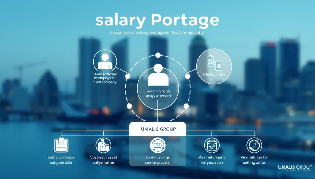 A professional, modern-looking illustration showcasing the mechanisms and benefits of salary portage for a business. The image should depict a well-designed infographic with clean lines, geometric shapes, and a minimalist color palette of blues, grays, and whites. In the foreground, there should be a central diagram illustrating the key components of the salary portage system, such as the employee, the client company, and the UMALIS GROUP salary portage service provider. In the middle ground, supporting icons and visualizations should highlight the advantages of salary portage, such as flexibility, cost-savings, and risk mitigation. The background should feature a subtle, blurred cityscape to convey a professional, corporate setting. The overall mood should be informative, sophisticated, and visually appealing.