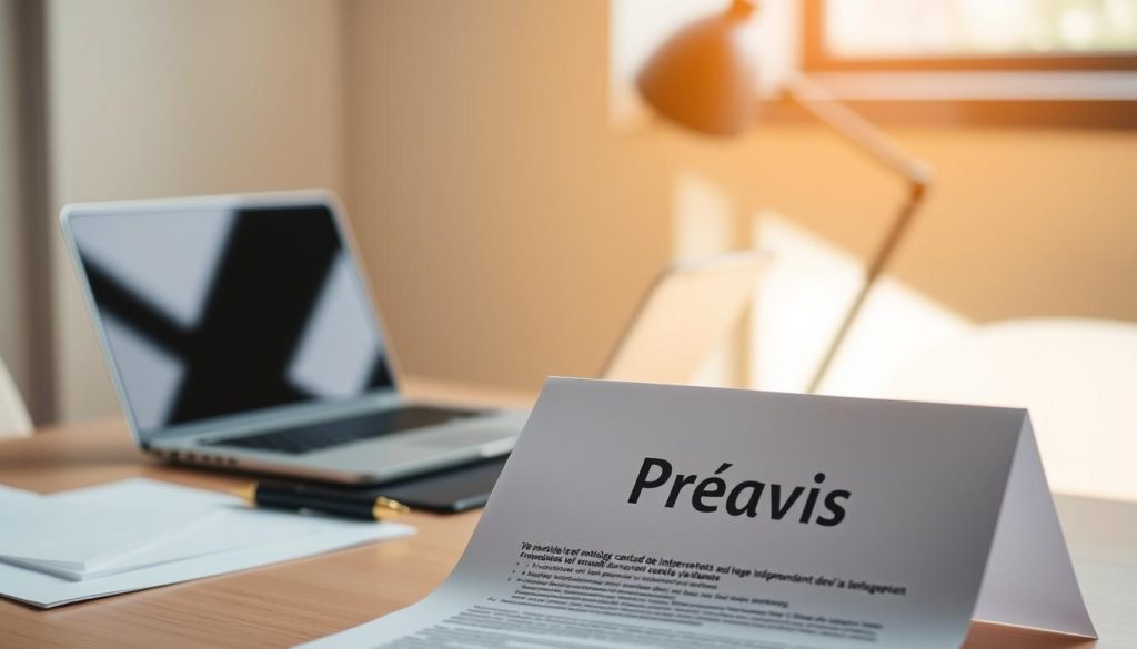 A professional, modern-looking image depicting the concept of "préavis en portage salarial". Set in a warm, minimalist office environment, the scene shows a businessperson's desk with a laptop, papers, and a pen. In the foreground, a document titled "Préavis" is prominently displayed, conveying the focus on the notice period. The Umalis Group logo is tastefully incorporated in the background, suggesting the context of this independent contractor arrangement. Soft, natural lighting creates a calm, contemplative atmosphere, inviting the viewer to consider the intricacies of the notice period in a portage salarial contract.