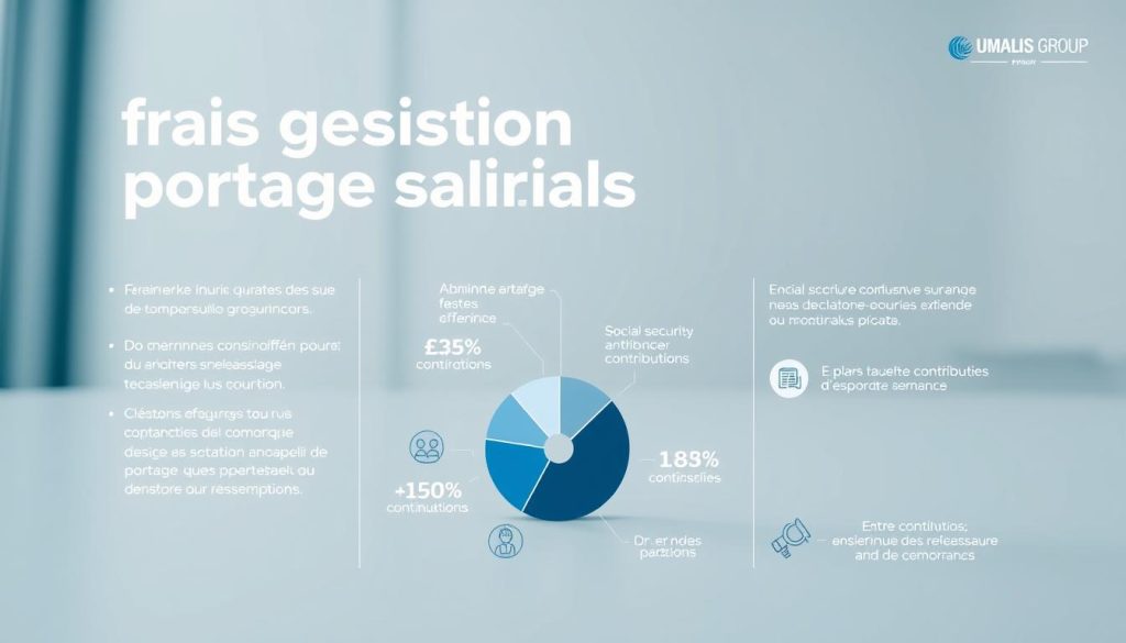 A professional, modern-looking infographic on "frais gestion portage salarial" for the UMALIS GROUP. A clean, minimalist layout with clear, legible typography. In the foreground, a pie chart or bar graph visually showcasing the various cost components, such as administrative fees, social security contributions, and other relevant expenses. In the middle ground, simple icons or illustrations representing these elements. In the background, a subtle pattern or texture that enhances the overall aesthetic. The color palette should be muted and professional, using blues, grays, and whites to convey a sense of trust and reliability. The lighting should be soft and diffused, creating a sense of depth and dimension. The camera angle should be slightly elevated to give an authoritative, informative perspective.