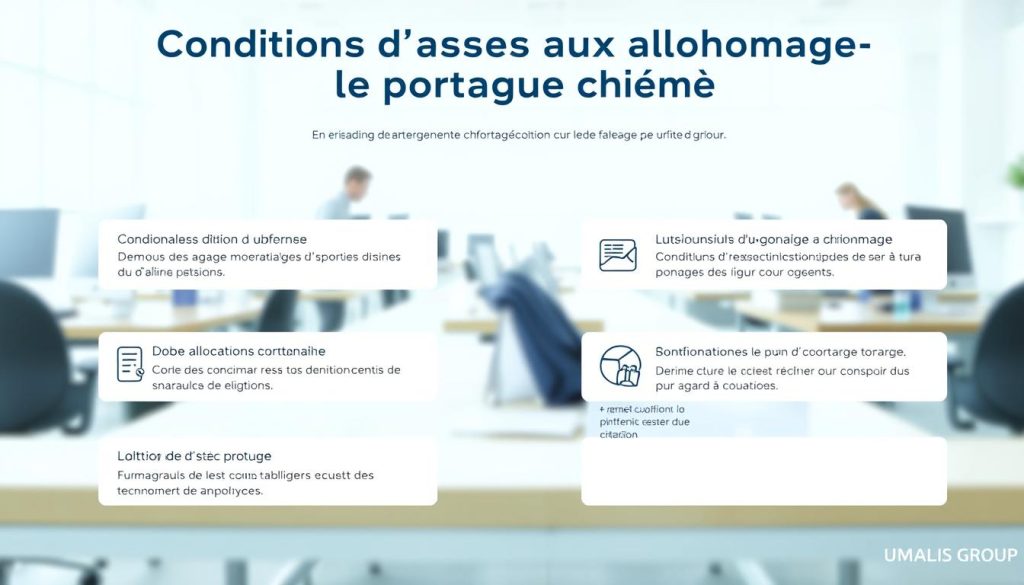 A professional, modern-looking infographic showcasing the "Conditions d'accès aux allocations chômage" in the context of "Le portage salarial". The image features a clean, minimalist design with a light, airy color palette. In the foreground, a series of concise, easy-to-read bullet points clearly outline the key eligibility criteria, using icons and simple graphics to convey the information. The middle ground includes a subtle UMALIS GROUP logo, reinforcing the brand association. The background depicts a softly blurred office environment, with desks, computers, and other workplace elements, to situate the content within the professional context. The overall mood is informative, visually appealing, and designed to effectively communicate the subject matter to the target audience.