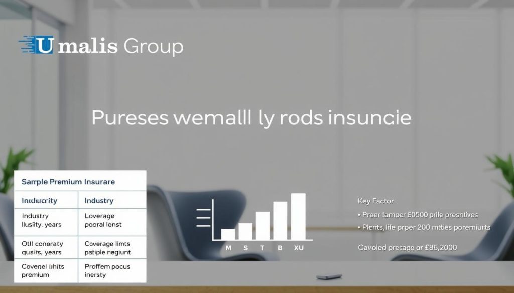 A professional, modern-looking infographic showcasing the cost and pricing criteria for professional liability insurance, presented against a clean, minimalist background. The Umalis Group logo is prominently displayed, conveying authority and expertise. The foreground features clearly delineated sections outlining the key factors that influence insurance premiums, such as industry, claims history, and coverage limits. The middle ground depicts a simplified chart or graph visualizing sample premium costs. The background subtly suggests an office or business setting, with muted geometric patterns or textures. The overall mood is informative, data-driven, and visually engaging.