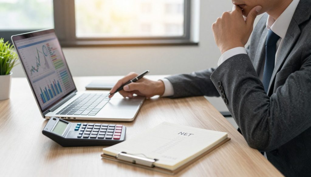 A professional, modern office environment featuring a well-organized desk with a laptop displaying financial charts and graphs. In the foreground, a calculator and a notepad with figures written in neat handwriting represent the contrast between gross and net salary. In the middle, a focused business person, dressed in formal attire, analyzes the data thoughtfully, embodying the theme of financial insight. The background shows a large window with natural light pouring in, casting a warm glow on the scene, symbolizing clarity and understanding in financial matters. Soft shadows enhance the composition, creating a calm, professional atmosphere perfect for conveying information about salary calculations. A professional, modern office environment featuring a well-organized desk with a laptop displaying financial charts and graphs. In the foreground, a calculator and a notepad with figures written in neat handwriting represent the contrast between gross and net salary. In the middle, a focused business person, dressed in formal attire, analyzes the data thoughtfully, embodying the theme of financial insight. The background shows a large window with natural light pouring in, casting a warm glow on the scene, symbolizing clarity and understanding in financial matters. Soft shadows enhance the composition, creating a calm, professional atmosphere perfect for conveying information about salary calculations.