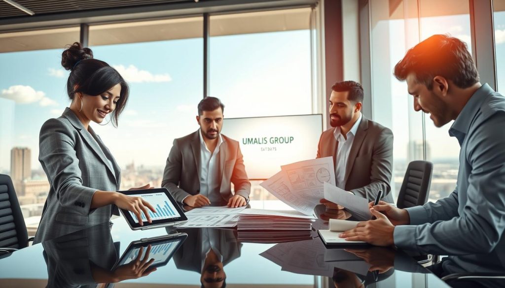 A professional, modern office environment showcasing a diverse group of four individuals engaged in discussions around a sleek, high-tech table. In the foreground, a confident woman in a smart blazer is pointing at a digital tablet displaying graphs and projections related to income simulation. The middle ground features a focused man reviewing printed financial documents, while another man is making notes on a notepad. In the background, large windows reveal a city skyline under a bright, sunny sky, creating a sense of optimism and growth. The lighting is bright and inviting, emphasizing a productive atmosphere. The brand name "UMALIS GROUP" appears subtly on a digital screen in the background.