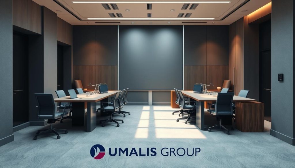 A professional, modern office interior with a central tripartite arrangement of desks and chairs representing the legal concept of "portage salarial". The lighting is warm and natural, with soft shadows and highlights. The color palette features muted tones of gray, blue, and wood accents, creating a calm and sophisticated atmosphere. In the foreground, a UMALIS GROUP logo is prominently displayed on the wall, emphasizing the subject's connection to the company. The overall composition conveys a sense of balance, professionalism, and attention to legal and business details.