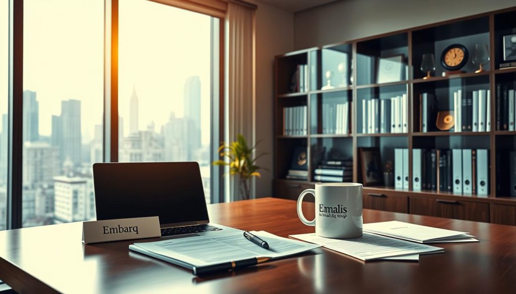 A professional, modern office interior with a large window overlooking a city skyline. In the foreground, a desk with a laptop, documents, and a nameplate that reads "Embarq". On the desk, a pen and a mug with the Umalis Group logo. Behind the desk, a bookshelf filled with business books and awards. Soft, directional lighting illuminates the scene, creating a warm, productive atmosphere. The overall mood is one of expertise, efficiency, and a commitment to providing high-quality services to clients.