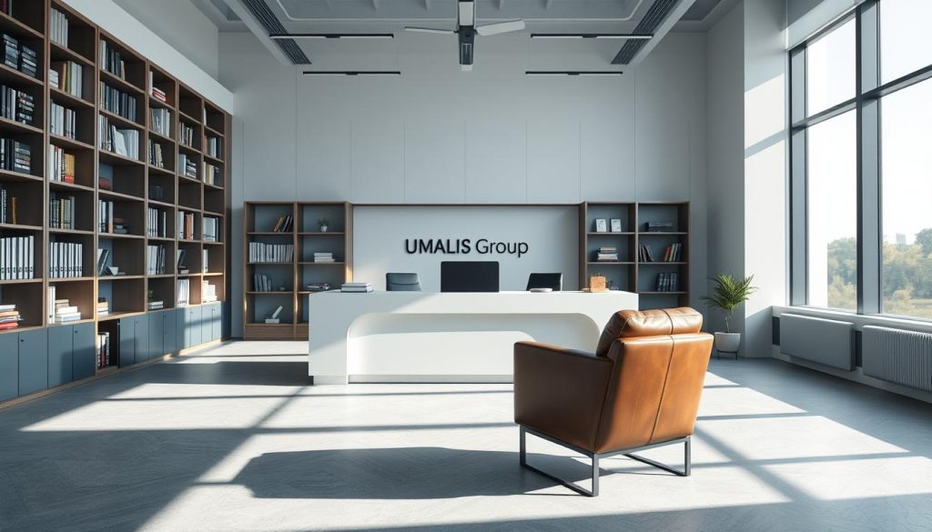 A professional, modern office interior with a sleek, minimal aesthetic. In the center, a large desk prominently displays the "Umalis Group" brand name. The desk is flanked by tall bookshelves filled with business-related books and documents. Natural light streams in through large windows, creating a bright, airy atmosphere. In the foreground, a comfortable leather chair invites the viewer to sit and consider the critical factors in choosing a portage salarial company. The overall mood is one of professionalism, success, and thoughtful decision-making.