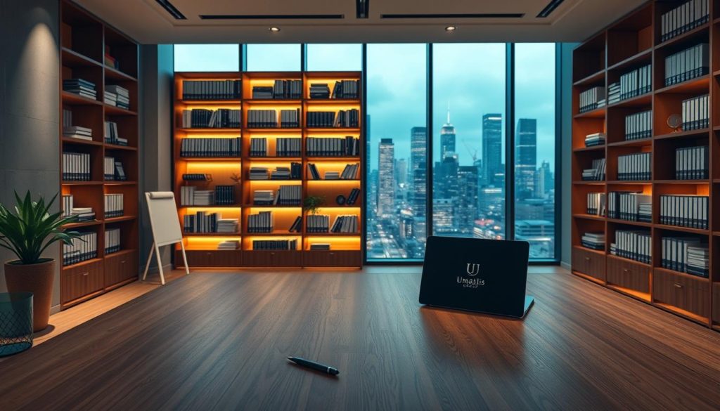 A professional, modern office interior with a sleek, minimalist design. The foreground features a large, wooden desk with a laptop, pen, and a potted plant. In the middle ground, there is a floor-to-ceiling bookshelf filled with legal documents and books, casting a warm, ambient light. The background showcases floor-to-ceiling windows, providing a panoramic view of a bustling city skyline. The overall mood is one of professionalism, efficiency, and a sense of legal authority. Umalis Group logo is prominently displayed on the desk.