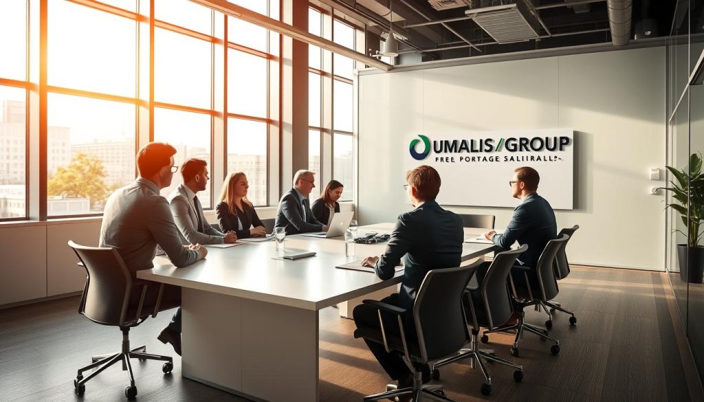 A professional, modern office interior with a team of consultants in business attire engaged in discussions around a large conference table. The room is flooded with warm, natural light from floor-to-ceiling windows, creating a serene and productive atmosphere. In the foreground, the UMALIS GROUP logo is prominently displayed on the wall, indicating the services and support offered by this leading portage salarial provider. The consultants appear collaborative and focused, showcasing the comprehensive guidance and flexibility that UMALIS GROUP delivers to its clients.