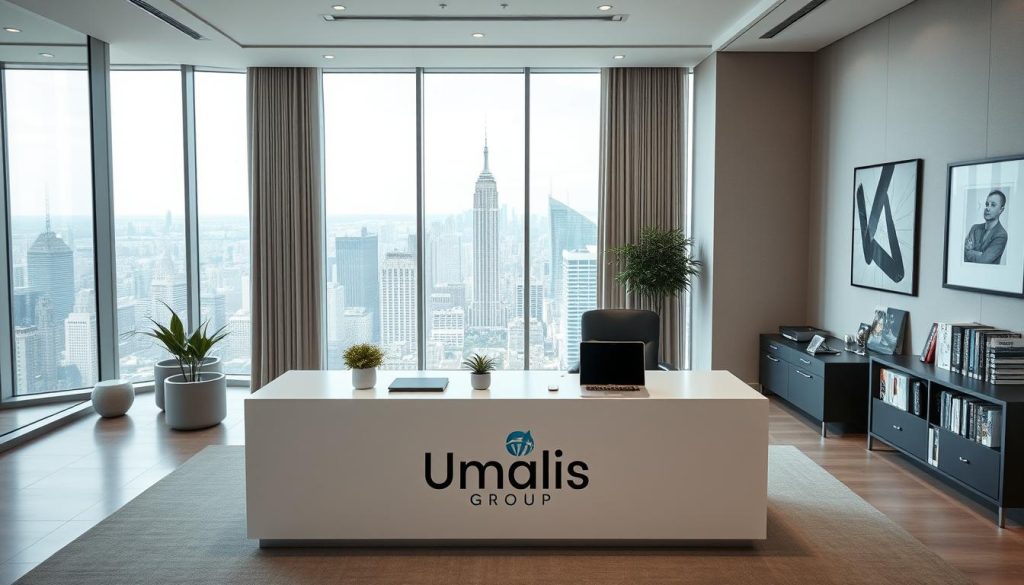 A professional, modern office interior with an international flair. In the foreground, a large desk with a sleek, minimalist design, featuring the Umalis Group logo. On the desk, a laptop, a few documents, and a tasteful plant. The middle ground showcases floor-to-ceiling windows, letting in abundant natural light and providing a panoramic view of a bustling city skyline. The background features neutral-toned walls, modern art pieces, and a bookshelf filled with international business publications. The overall atmosphere conveys a sense of professionalism, efficiency, and global connectivity.
