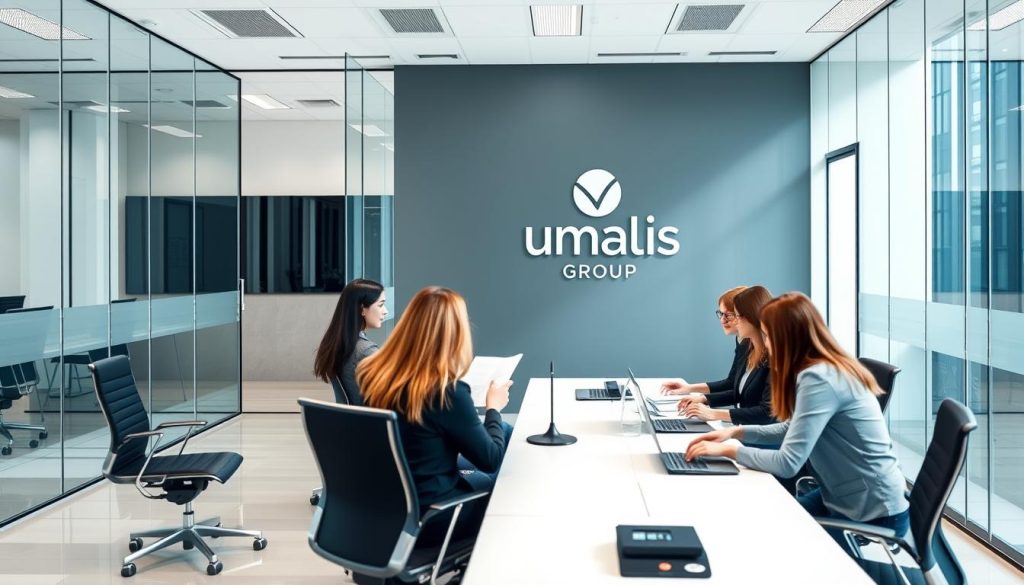 A professional modern office interior with glass walls and partitions, sleek desks, and ergonomic chairs. The Umalis Group brand logo is prominently displayed on the wall. In the foreground, a team of business professionals are engaged in a meeting, discussing documents and laptops. The lighting is bright and airy, with floor-to-ceiling windows letting in natural light. The atmosphere conveys a sense of productivity, collaboration, and compliance with regulations governing the "entreprise portage salarial" industry. The overall scene reflects the "Obligations de l'entreprise de portage salarial" section of the article.