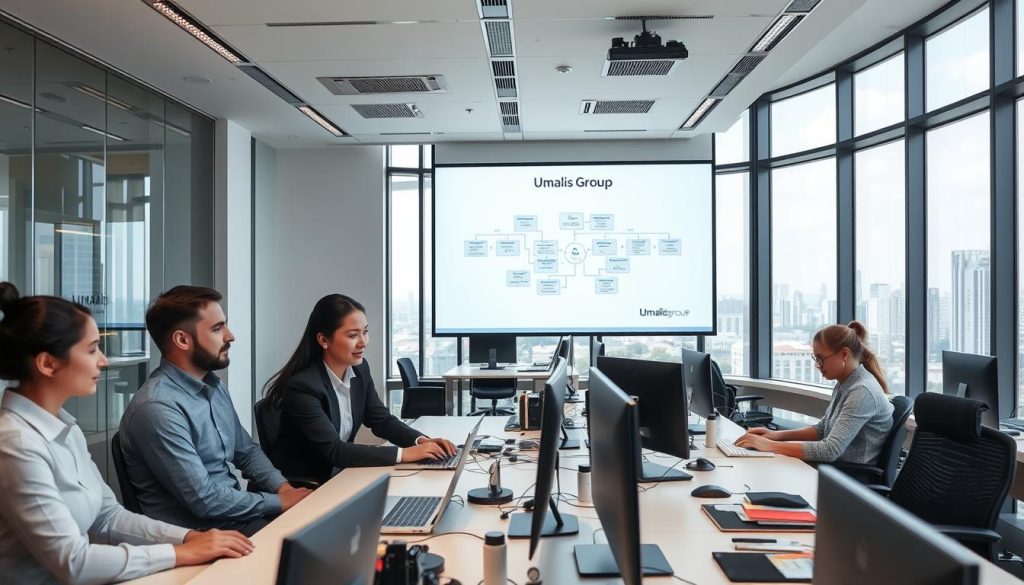 A professional, modern office interior with sleek desks, minimalist decor, and floor-to-ceiling windows flooding the space with natural light. In the foreground, a group of Umalis Group employees collaborating on a workflow diagram projected onto a large screen, their expressions focused and engaged. In the middle ground, other workers typing at their computers, surrounded by organized workspaces and subtle branding elements. The background depicts an urban skyline, hinting at the global reach and scale of the Umalis Group's operations. The overall atmosphere is one of efficiency, productivity, and a commitment to excellence in professional service delivery.
