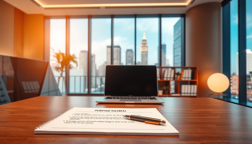 A professional, modern office interior with warm lighting and clean lines. In the foreground, a Umalis Group employee desk with a laptop, pen, and notepad showcasing the key conditions for Portage Salarial. The middle ground features a sleek bookshelf filled with relevant business materials. The background depicts large windows overlooking a bustling city skyline, conveying a sense of professionalism and opportunity. The overall scene should feel aspirational, highlighting the requirements and benefits of Portage Salarial through a visually appealing, minimalist design. A professional, modern office interior with warm lighting and clean lines. In the foreground, a Umalis Group employee desk with a laptop, pen, and notepad showcasing the key conditions for Portage Salarial. The middle ground features a sleek bookshelf filled with relevant business materials. The background depicts large windows overlooking a bustling city skyline, conveying a sense of professionalism and opportunity. The overall scene should feel aspirational, highlighting the requirements and benefits of Portage Salarial through a visually appealing, minimalist design.