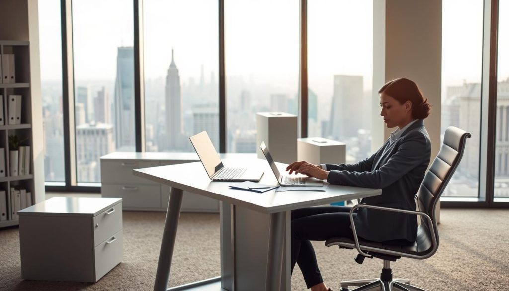 A professional, modern office scene showcasing the administrative ease of Umalis Group's portage salarial services. In the foreground, a businessperson sitting at a sleek, minimalist desk, efficiently managing paperwork with a laptop and smartphone. The middle ground features a minimalist bookshelf and filing cabinet, symbolizing the organized systems in place. The background depicts floor-to-ceiling windows overlooking a bustling city skyline, conveying the sense of a progressive, well-connected work environment. Soft, natural lighting filters through, creating a warm, productive atmosphere. The scene captures the streamlined, technology-driven nature of Umalis Group's administrative support for their clients.