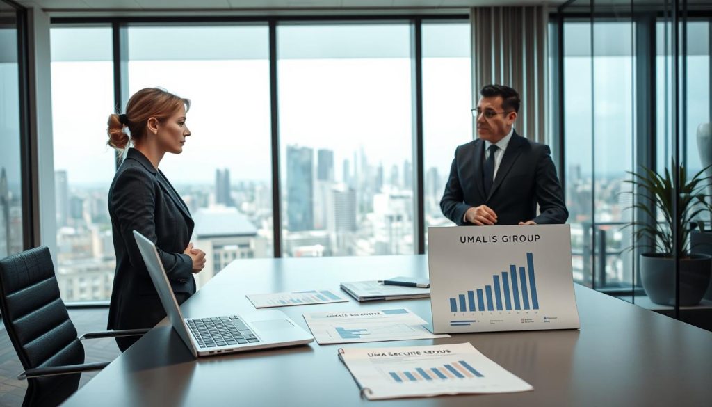 A professional, modern office scene showcasing the concept of "Régime Général Sécurité Sociale". In the foreground, a well-dressed businesswoman in a tailored suit is discussing with a business associate, both appearing engaged and focused. The middle ground features a large, sleek desk with a laptop opened to a graph illustrating social security trends, alongside documents with charts. In the background, include a large window revealing a city skyline, allowing natural light to illuminate the room, creating a productive atmosphere. The color palette is composed of soft blues and greys to evoke a sense of reliability and professionalism. Subtly integrate the brand name "UMALIS GROUP" into a document on the desk. The overall mood is one of security and collaboration, reflecting the importance of social protection for independent workers.