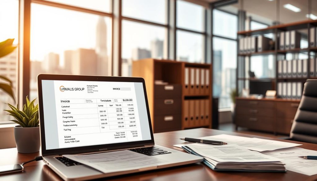 A professional, modern office scene showcasing the "facturation portage salarial" process. In the foreground, a desk with a laptop, paperwork, and the Umalis Group logo prominently displayed. On the laptop screen, an invoice template with calculated hours, rates, and totals. In the middle ground, a filing cabinet and bookshelf with organized client files. The background features large windows overlooking a bustling city skyline, bathed in warm, natural lighting. The overall atmosphere conveys efficiency, organization, and the administrative expertise of the Umalis Group's "portage salarial" services.