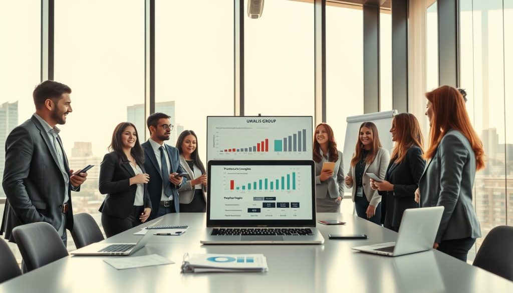 A professional, modern office scene that illustrates "Protection sociale portage salarial jeunes diplômés." In the foreground, a diverse group of young graduates in smart business attire engaged in a discussion, showcasing enthusiasm and collaboration. In the middle ground, a large conference table with laptops, documents, and a laptop screen displaying graphs and charts highlighting career opportunities. The background features large windows with cityscape views, allowing natural sunlight to flood the room, creating a lively and motivating atmosphere. The lighting is bright and inviting, emphasizing a sense of optimism and professionalism. The image should subtly showcase the brand "UMALIS GROUP" through a stylish logo displayed on a presentation board in the corner. The overall mood is positive, focused on teamwork and securing careers for young professionals.