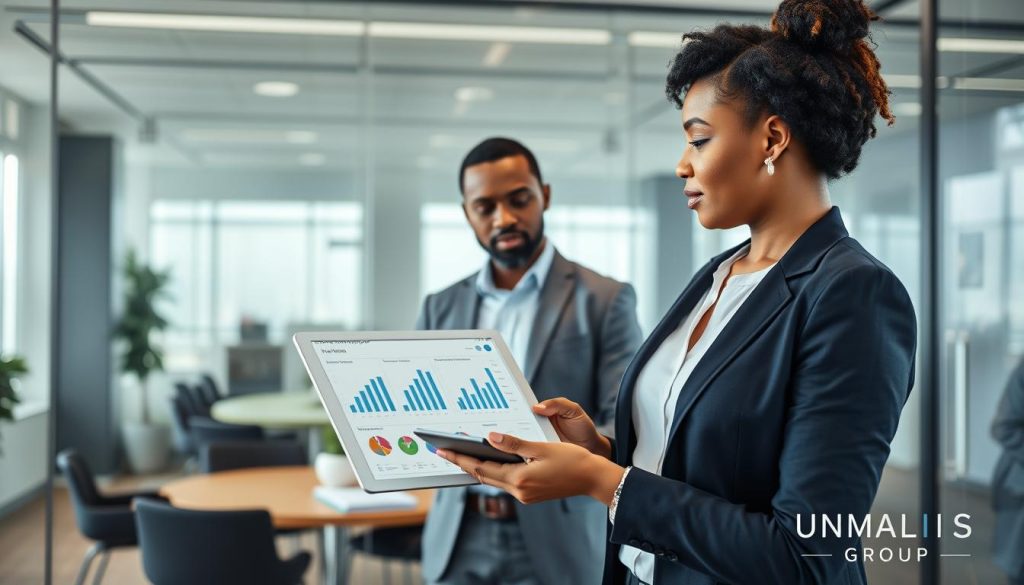 A professional, modern office setting depicting three diverse business professionals engaging in a collaborative meeting. In the foreground, a female consultant, dressed in smart business attire, presents digital charts and graphs on a tablet, highlighting personalized support options. In the middle ground, two male colleagues, one of African descent and the other Caucasian, attentively discuss notes and provide feedback, showcasing teamwork and open communication. The background features a sleek conference room with glass walls, natural light filtering through, giving a bright and welcoming atmosphere. Include subtle branding elements associated with "UMALIS GROUP" in decor and materials, creating an image that exudes professionalism, support, and collaboration.