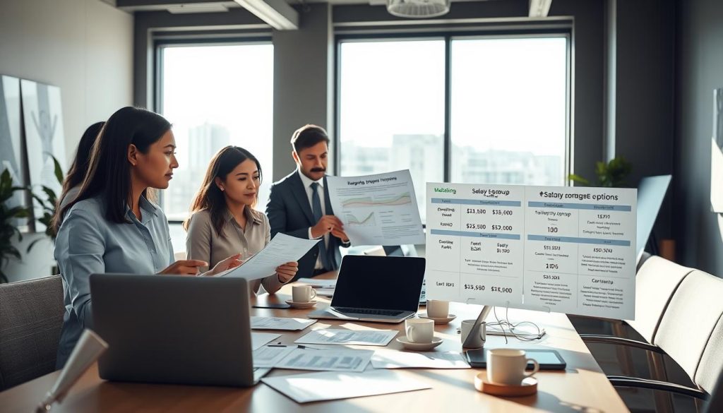 A professional, modern office setting featuring a diverse group of businesspeople analyzing and comparing options for salary portage services. In the foreground, an Asian woman and a Caucasian man are engaged in a discussion over charts and documents displaying various offers from "Umalis Group" and other portage companies. The middle ground includes a large table filled with laptops, paperwork, and coffee cups, suggesting an active brainstorming session. In the background, a large window allows natural light to illuminate the room, casting soft shadows and creating a welcoming atmosphere. The focus is on collaboration and thoughtful analysis, with a clean and organized workspace that reinforces the theme of negotiation strategies. The mood is professional and engaged, emphasizing teamwork and strategic decision-making.